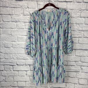 Lemlem Gigi Silk Chevron Herringbone Tiered Blue Green Dress Small